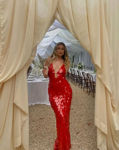 Sequin Plunge Cutout Maxi Dress