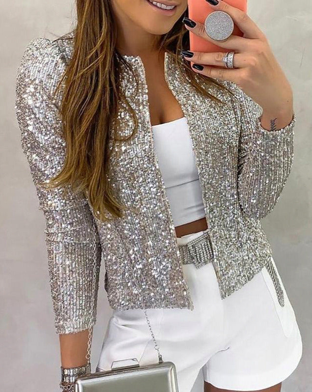 Sequin Puff Sleeve Cropped Jacket