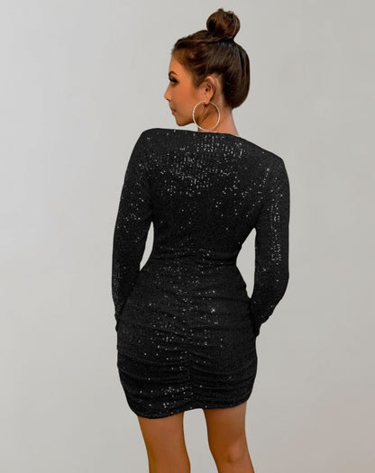 Sequin Long Sleeve Ruched Wrap Mini Dress