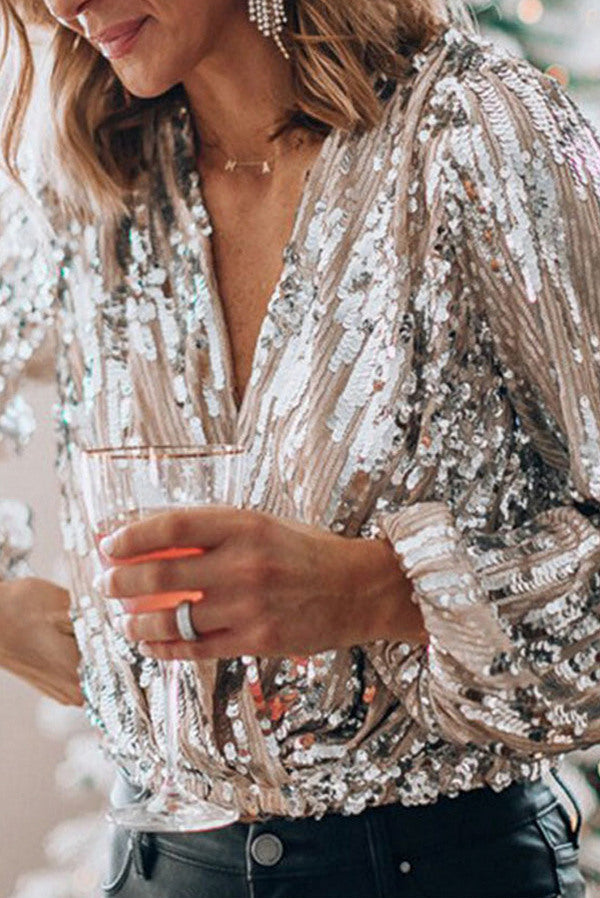 Sequin Wrap Long Sleeve Top