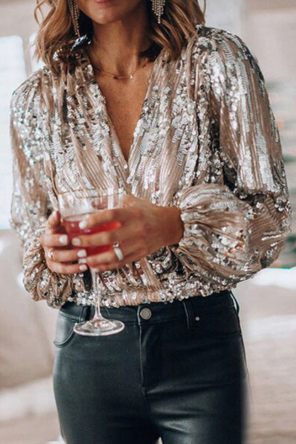 Sequin Wrap Long Sleeve Top