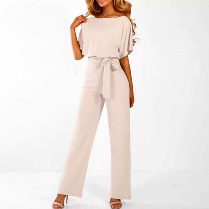 Short Sleeve Tie Waist Jumpsuit