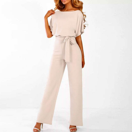 Short Sleeve Tie Waist Jumpsuit