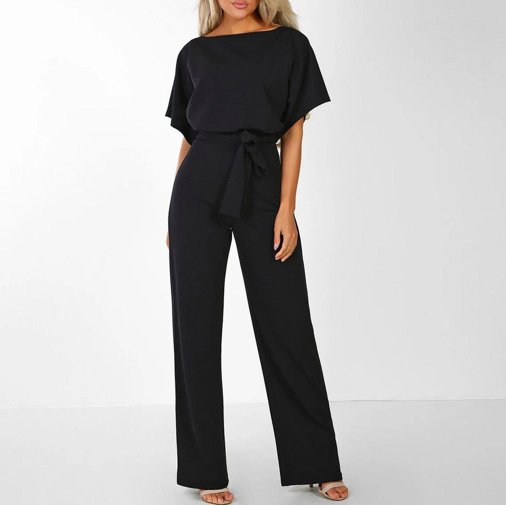 Short Sleeve Tie Waist Jumpsuit