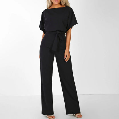 Short Sleeve Tie Waist Jumpsuit