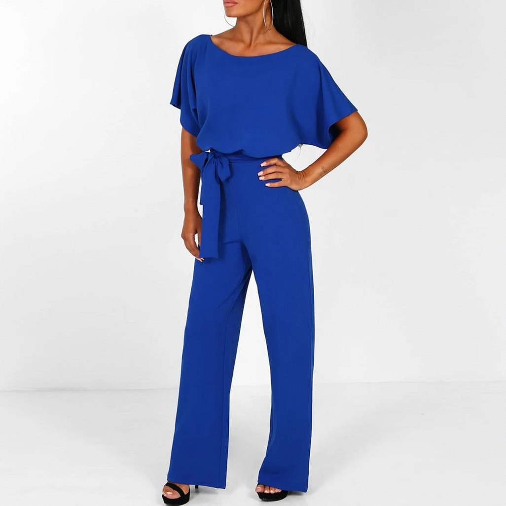 Short Sleeve Tie Waist Jumpsuit