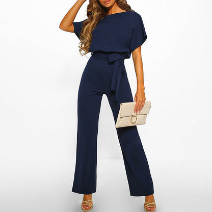 Short Sleeve Tie Waist Jumpsuit