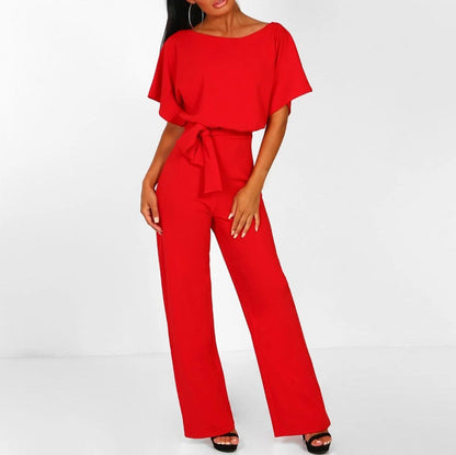 Short Sleeve Tie Waist Jumpsuit
