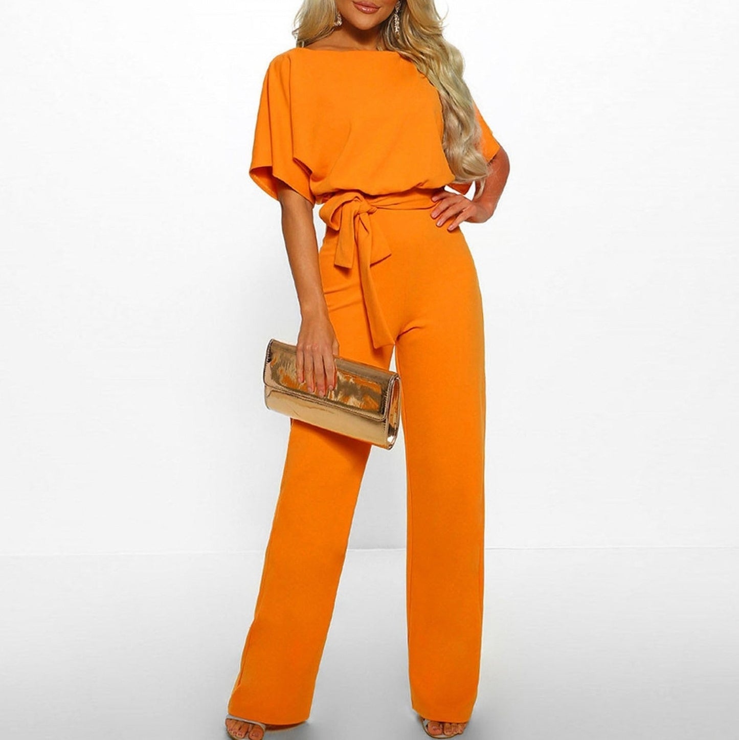 Short Sleeve Tie Waist Jumpsuit