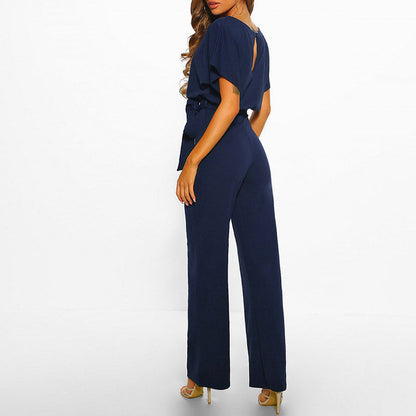 Short Sleeve Tie Waist Jumpsuit