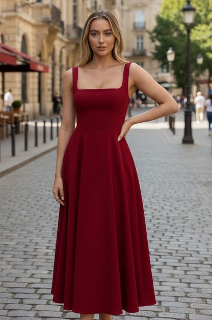 Square Neck A-Line Midi Dress