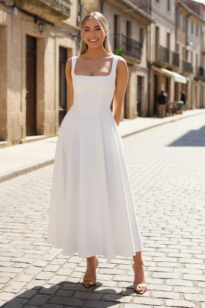 Square Neck A-Line Midi Dress