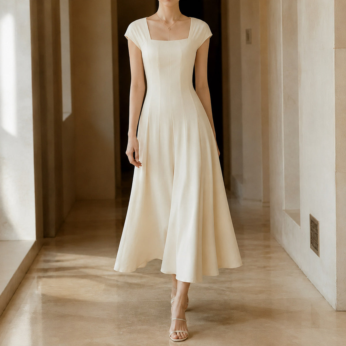 Square Neck Cap Sleeve Maxi Dress