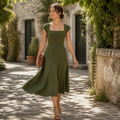 Square Neck Cap Sleeve Maxi Dress