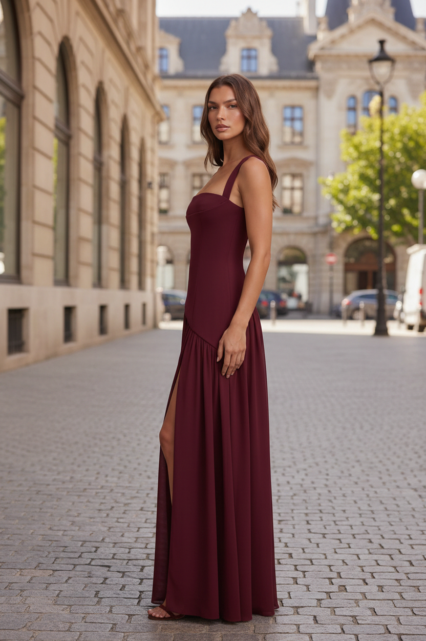 Square Neck Drop Waist Maxi Dress