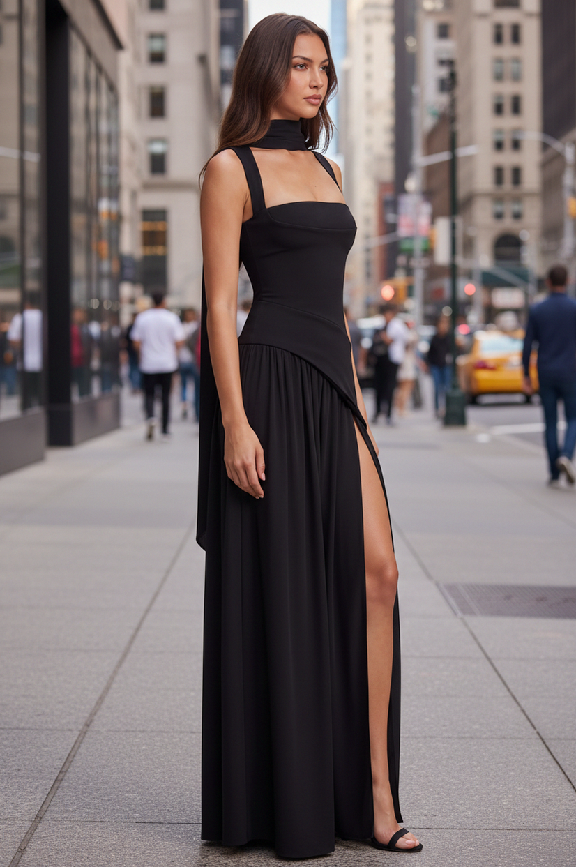 Square Neck Drop Waist Maxi Dress
