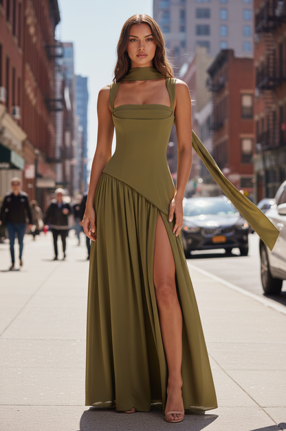 Square Neck Drop Waist Maxi Dress