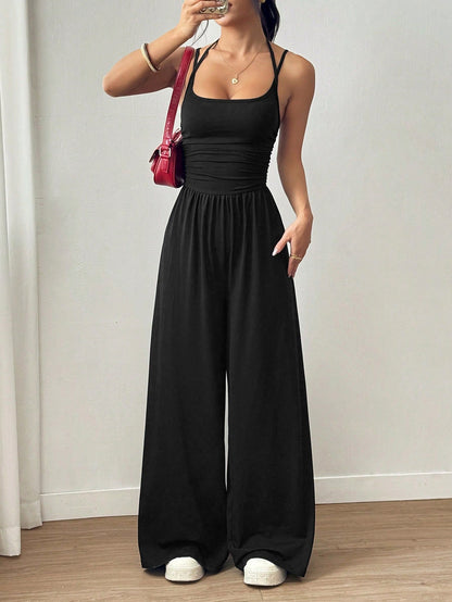 Square Neck Ruched Wide Leg Jumpsuit