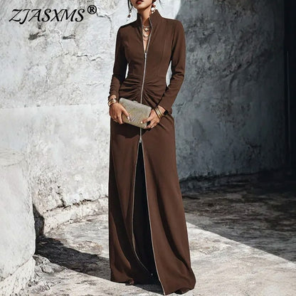 Long Sleeve Stand Collar Ruched Maxi Dress