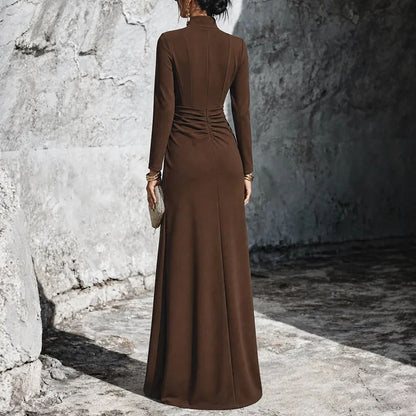 Long Sleeve Stand Collar Ruched Maxi Dress