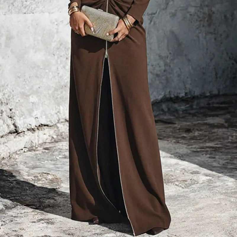 Long Sleeve Stand Collar Ruched Maxi Dress