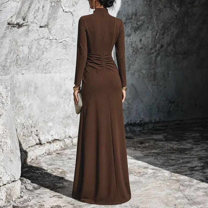Long Sleeve Stand Collar Ruched Maxi Dress