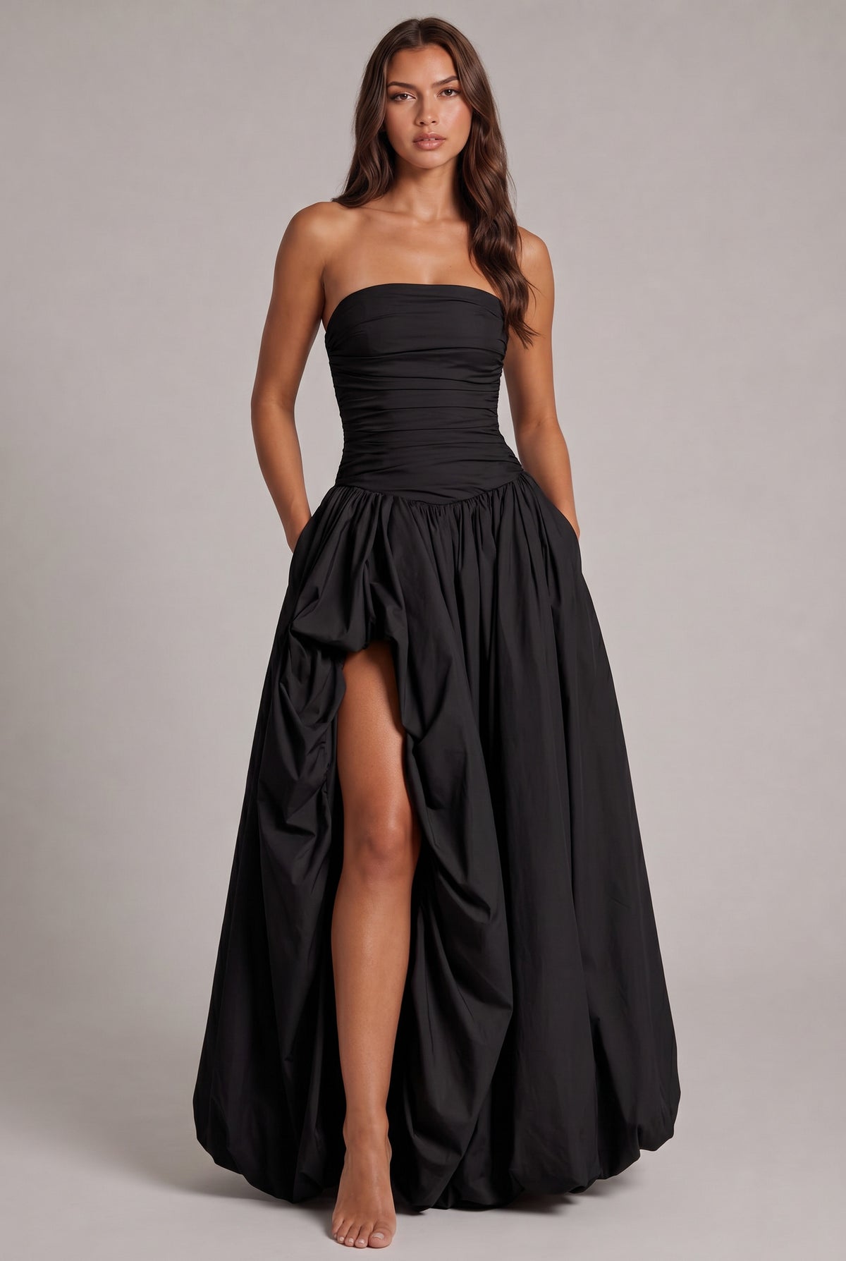 Strapless Drop Waist Bubble Hem Maxi Dress