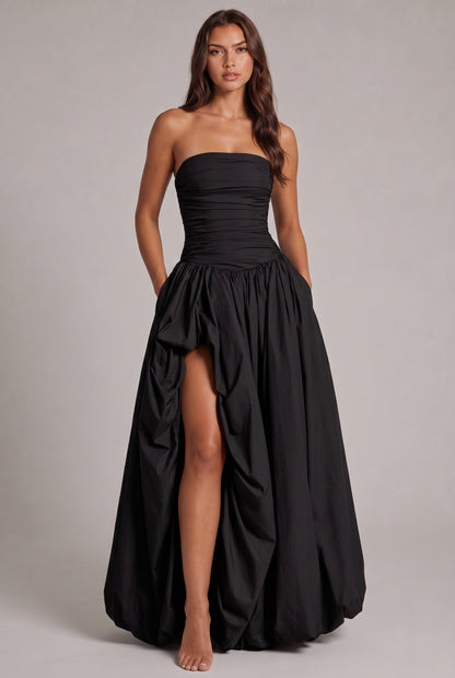 Strapless Drop Waist Bubble Hem Maxi Dress