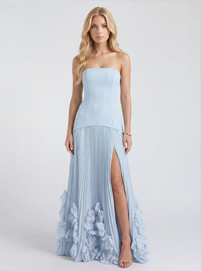 Strapless Pleated Drop Waist Maxi Dress