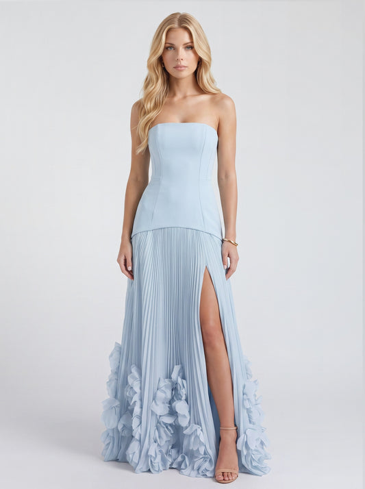 Strapless Pleated Drop Waist Maxi Dress