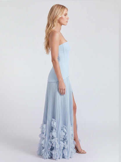 Strapless Pleated Drop Waist Maxi Dress