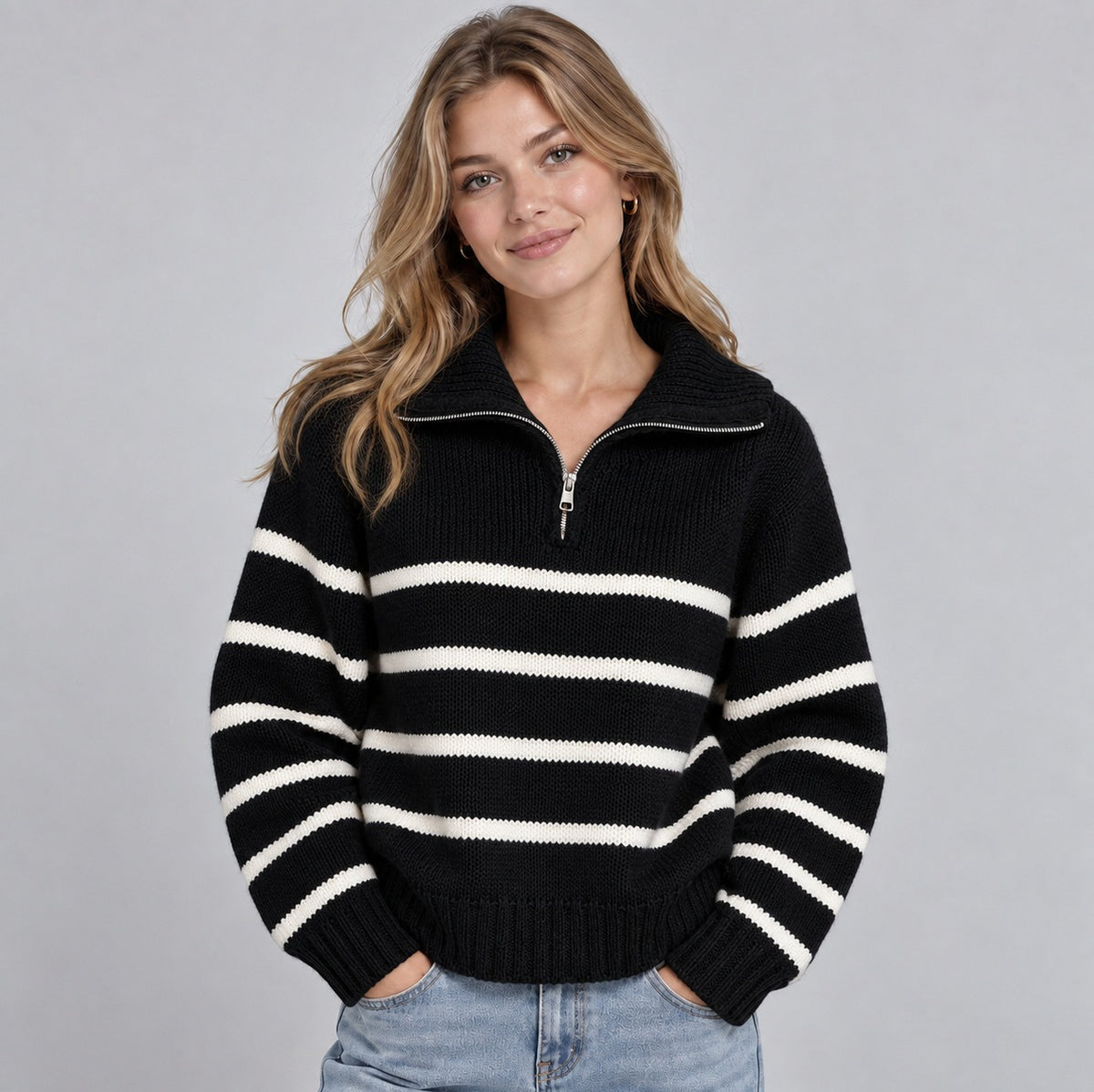 Striped Half Zip Knit Sweater