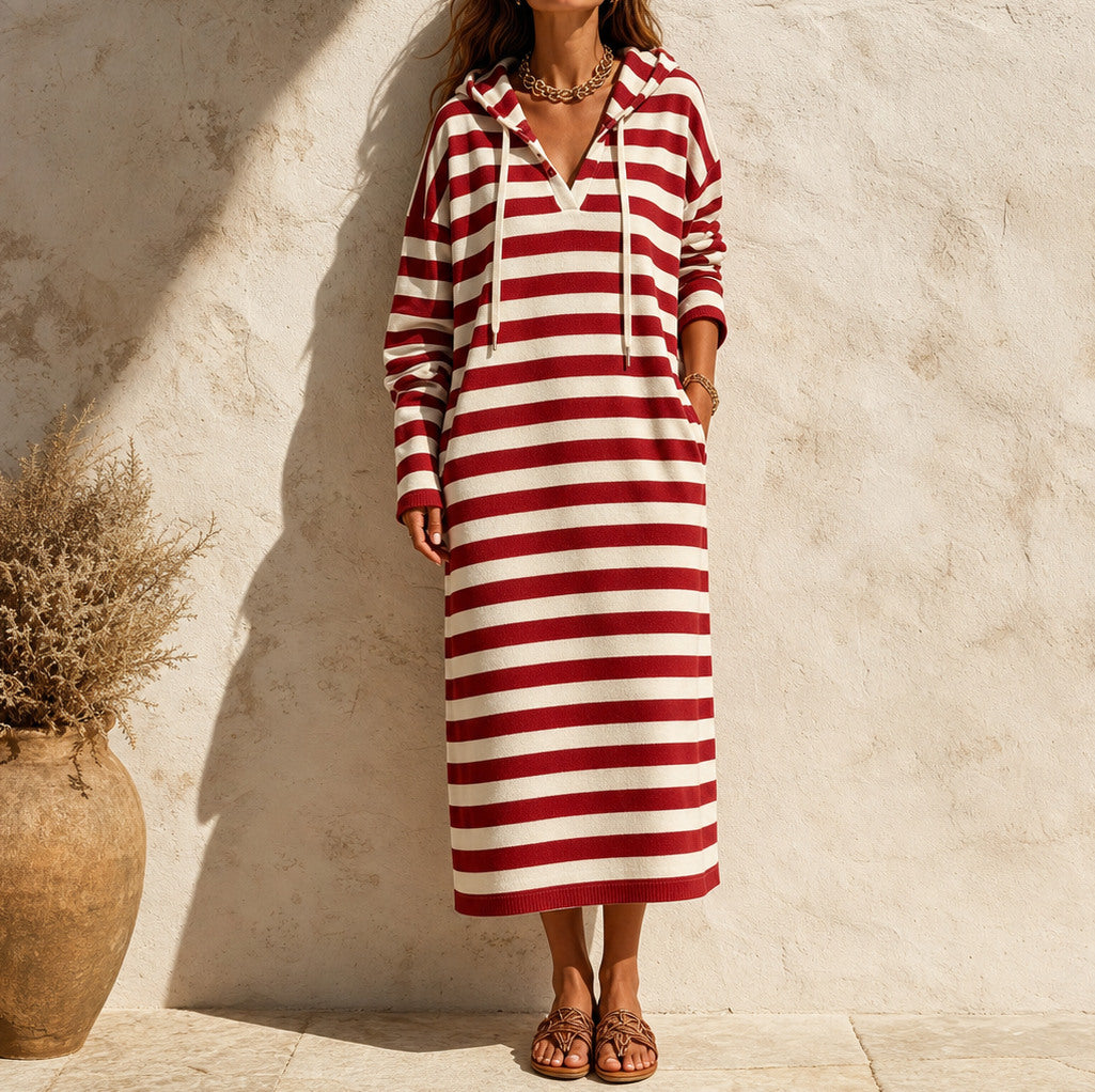 Striped Hooded Knit Midi Dress