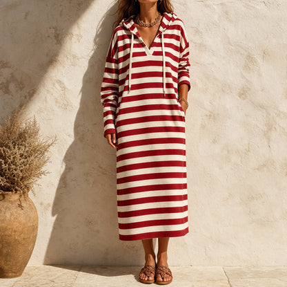 Striped Hooded Knit Midi Dress