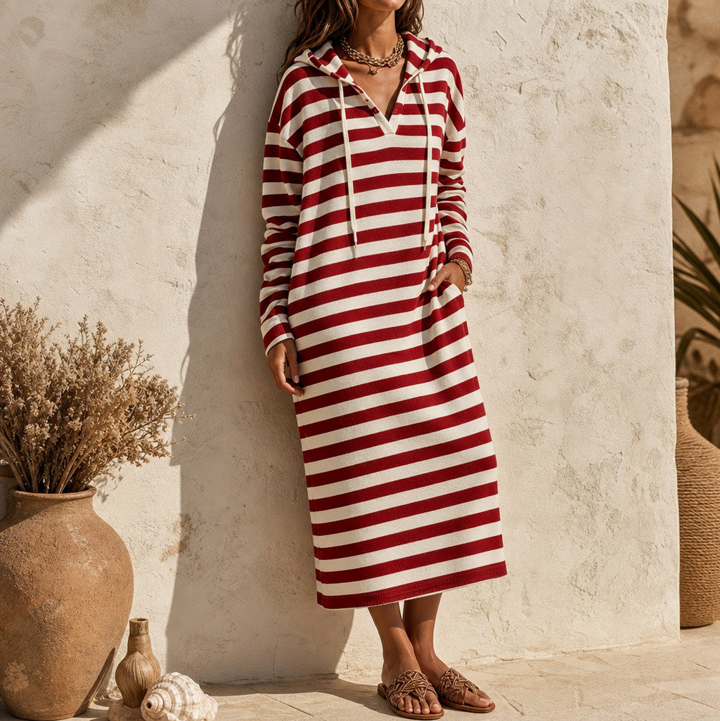 Striped Hooded Knit Midi Dress