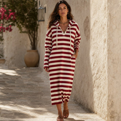 Striped Hooded Knit Midi Dress