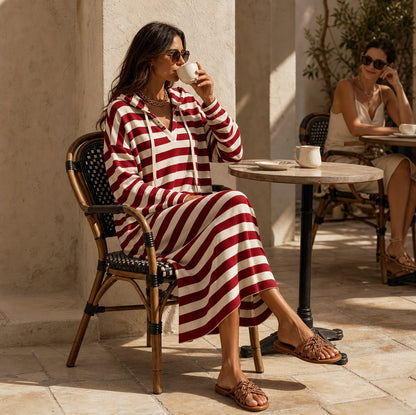 Striped Hooded Knit Midi Dress