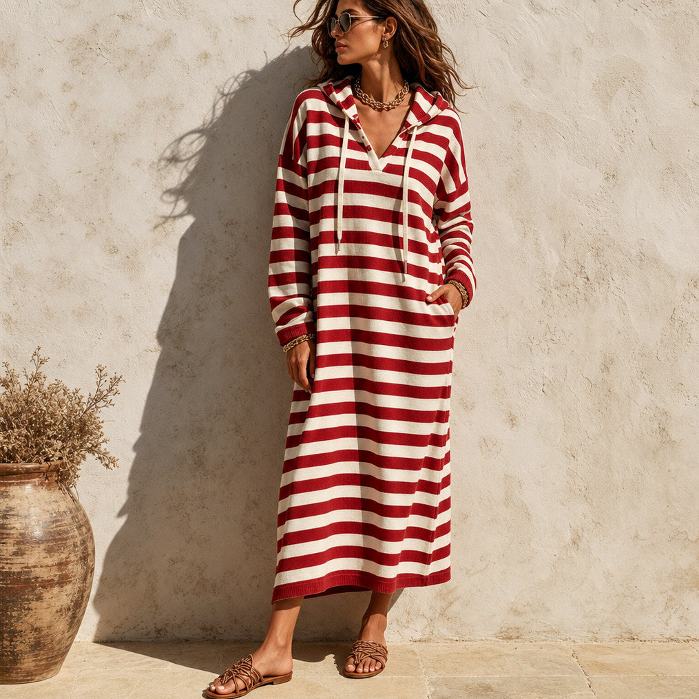 Striped Hooded Knit Midi Dress