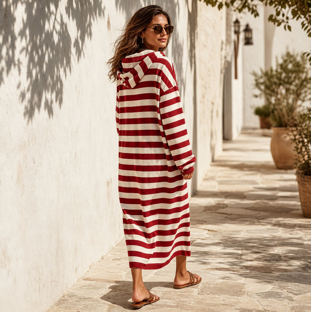 Striped Hooded Knit Midi Dress
