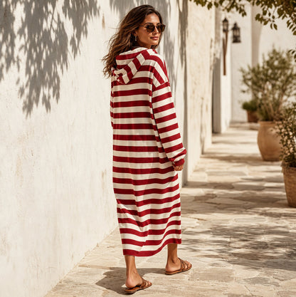Striped Hooded Knit Midi Dress