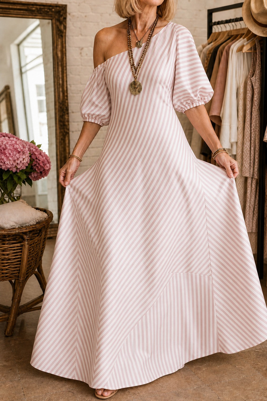 Striped One Shoulder Maxi Dress