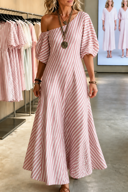 Striped One Shoulder Maxi Dress