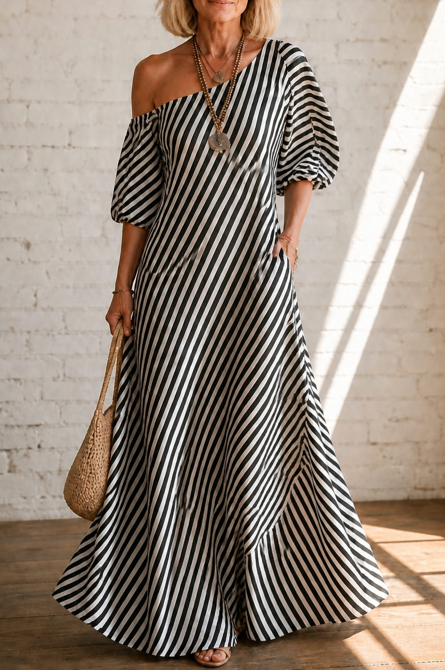 Striped One Shoulder Maxi Dress