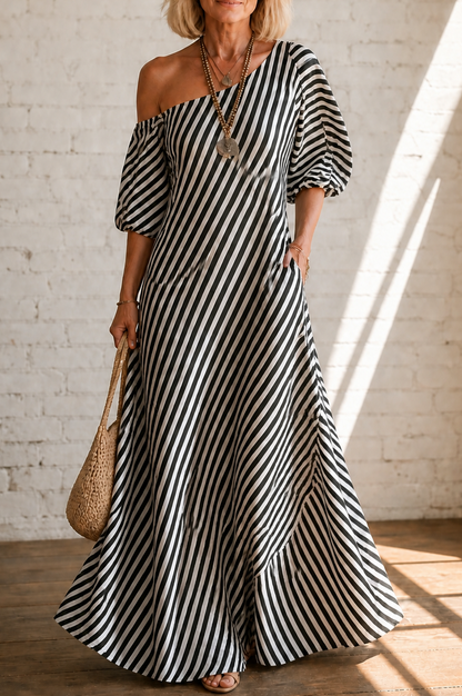 Striped One Shoulder Maxi Dress