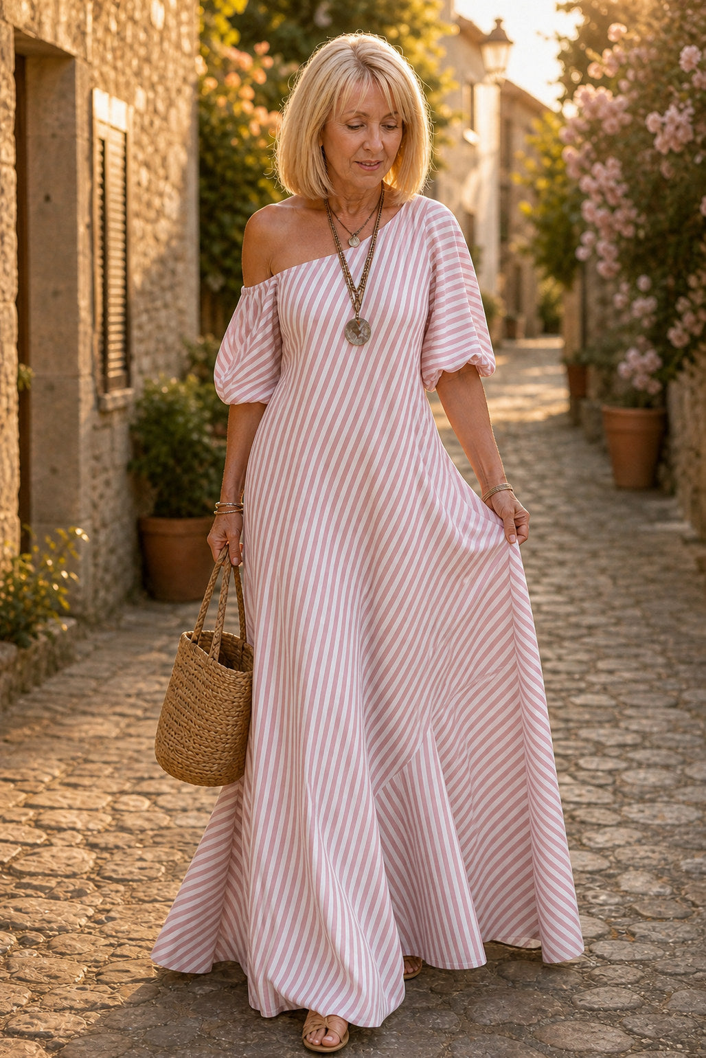 Striped One Shoulder Maxi Dress