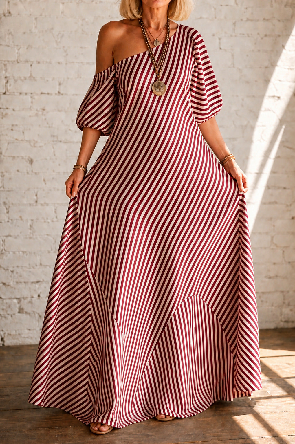 Striped One Shoulder Maxi Dress