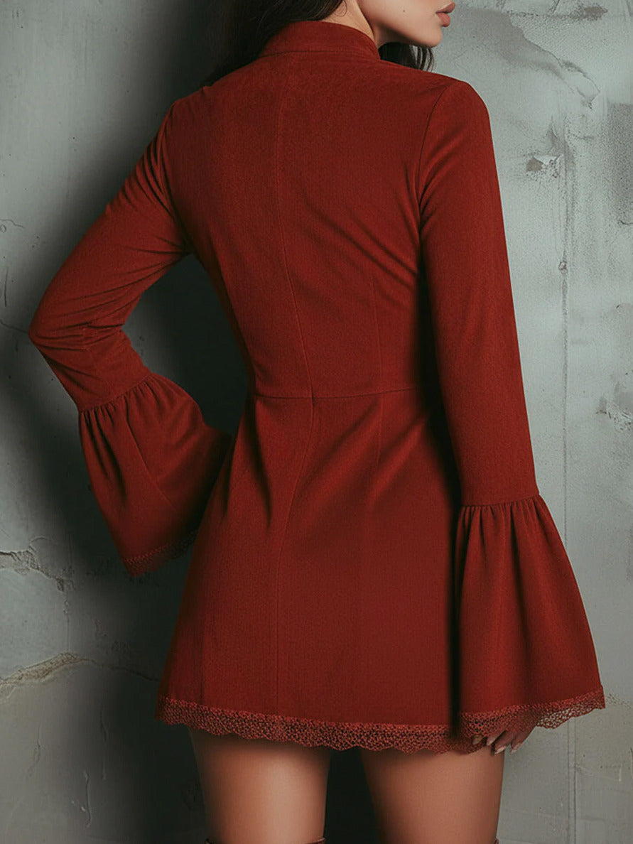 Suede Embroidered Bell Sleeve Mini Dress