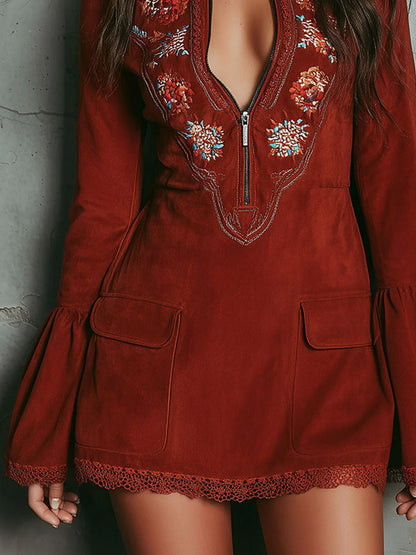 Suede Embroidered Bell Sleeve Mini Dress