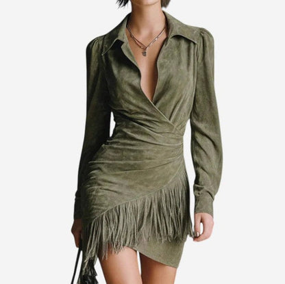 Suede Fringe Wrap Mini Dress