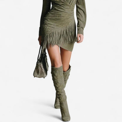 Suede Fringe Wrap Mini Dress